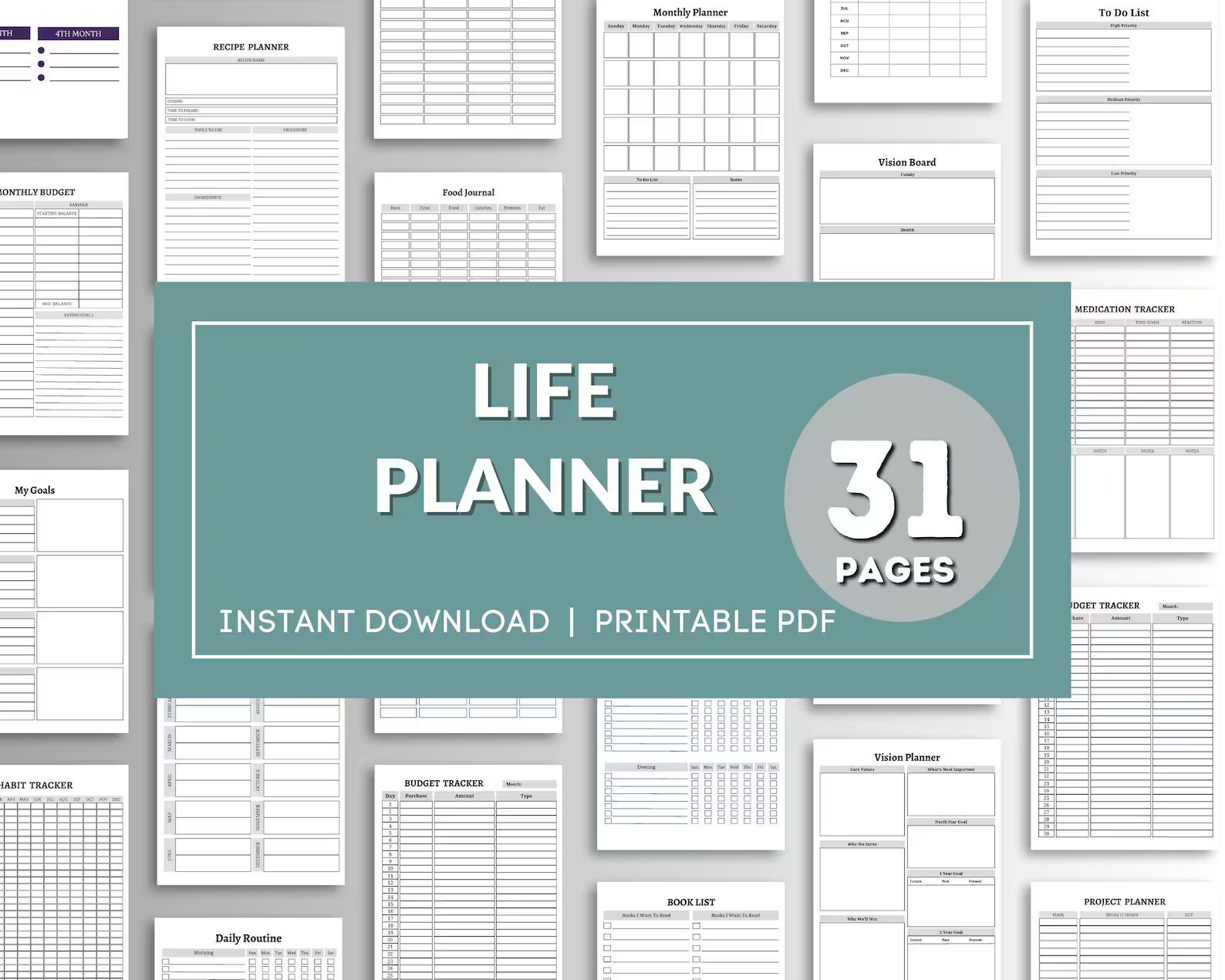 Life Planner Printable Bundle Goals for Life, Printable Bundle for Productivity Planner, Personal Planner Template, All In One Bundle
